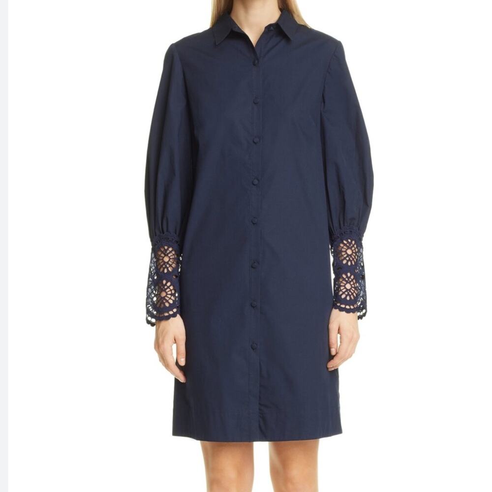 LelaRose Navy Blue Lace Inset Long Sleeve Stretch Cotton Shirtdress